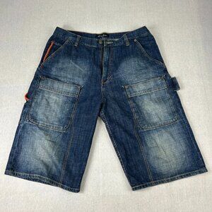 Vintage Sean John Unisex Blue Denim Flat Front Streetwear Cargo Shorts Size 34